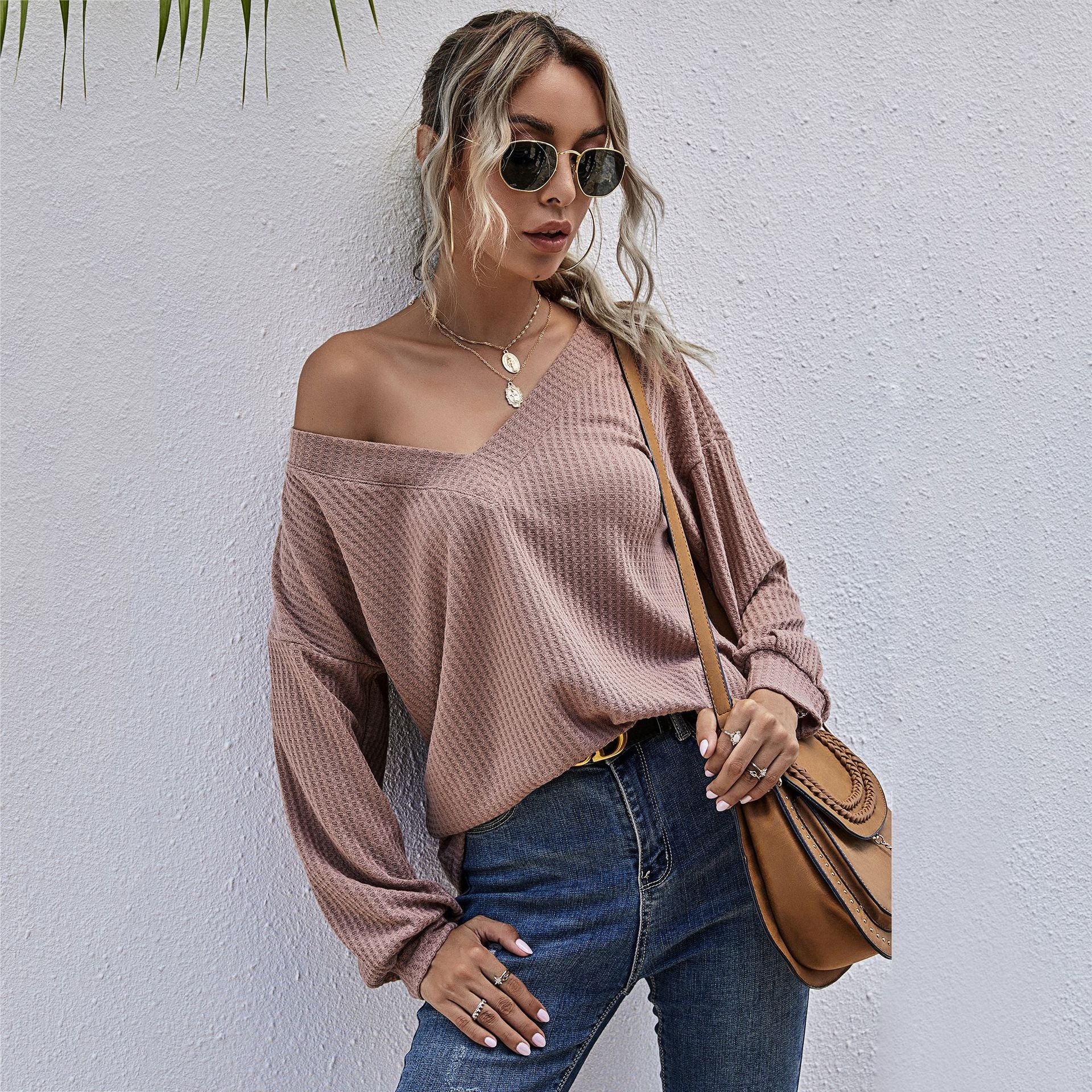 Women Loose Waffle Knit Long Sleeve with V-Neck and Ribbed Cuffs Chichicherry