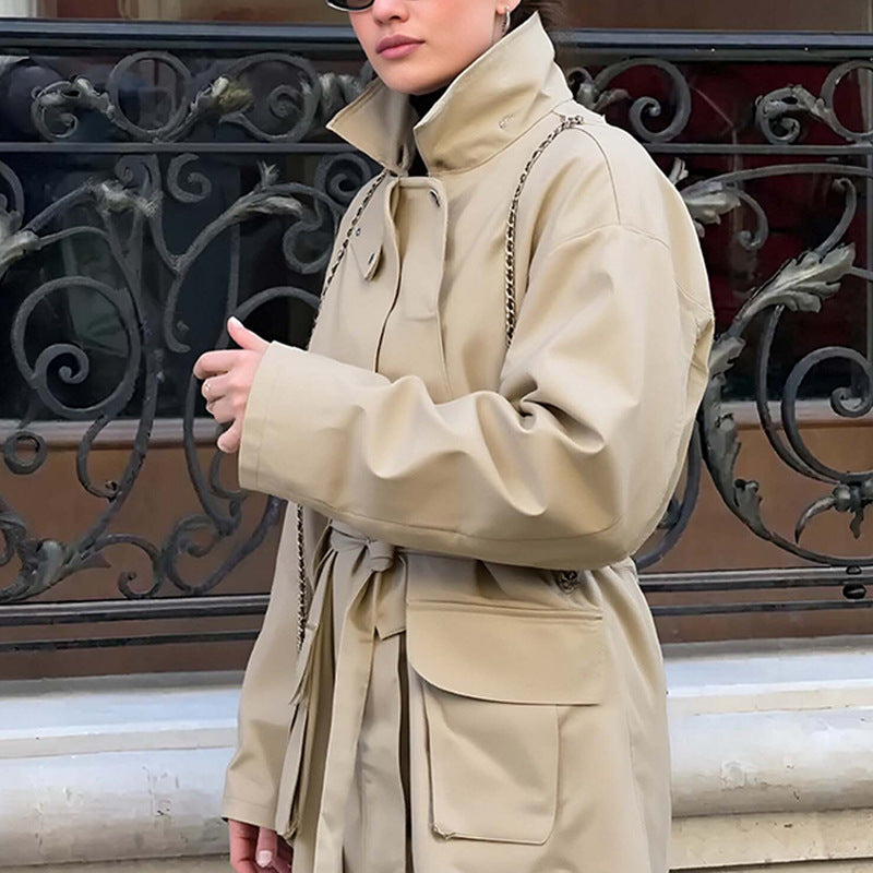 Women's Tailored Transition Jacket with Stand Collar, Shoulder Cape and Belt Chichicherry