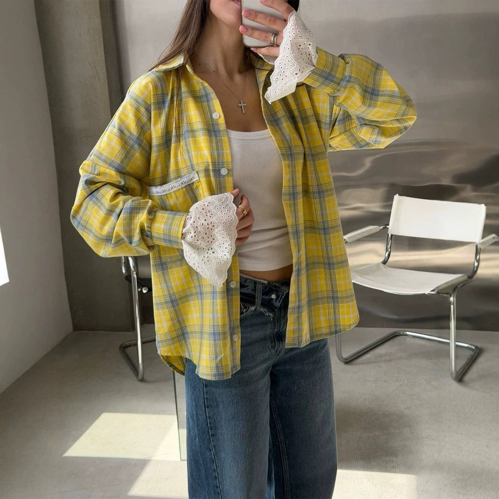Women’s Oversize Checked Flannel Shirt with Lace Cuffs and Decorative Piping Chichicherry