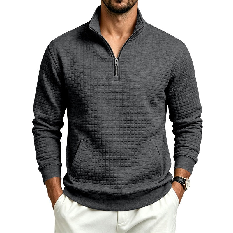 Men's Stand Collar Sweatshirt with Half Zip and Quilted Waffle Texture Chichicherry