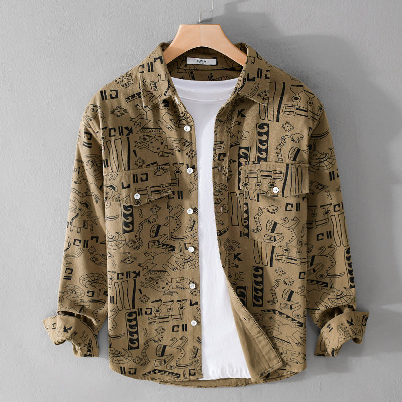Men's Lightweight Cotton Overshirt with Artistic Line Print and Double Chest Pocket Chichicherry