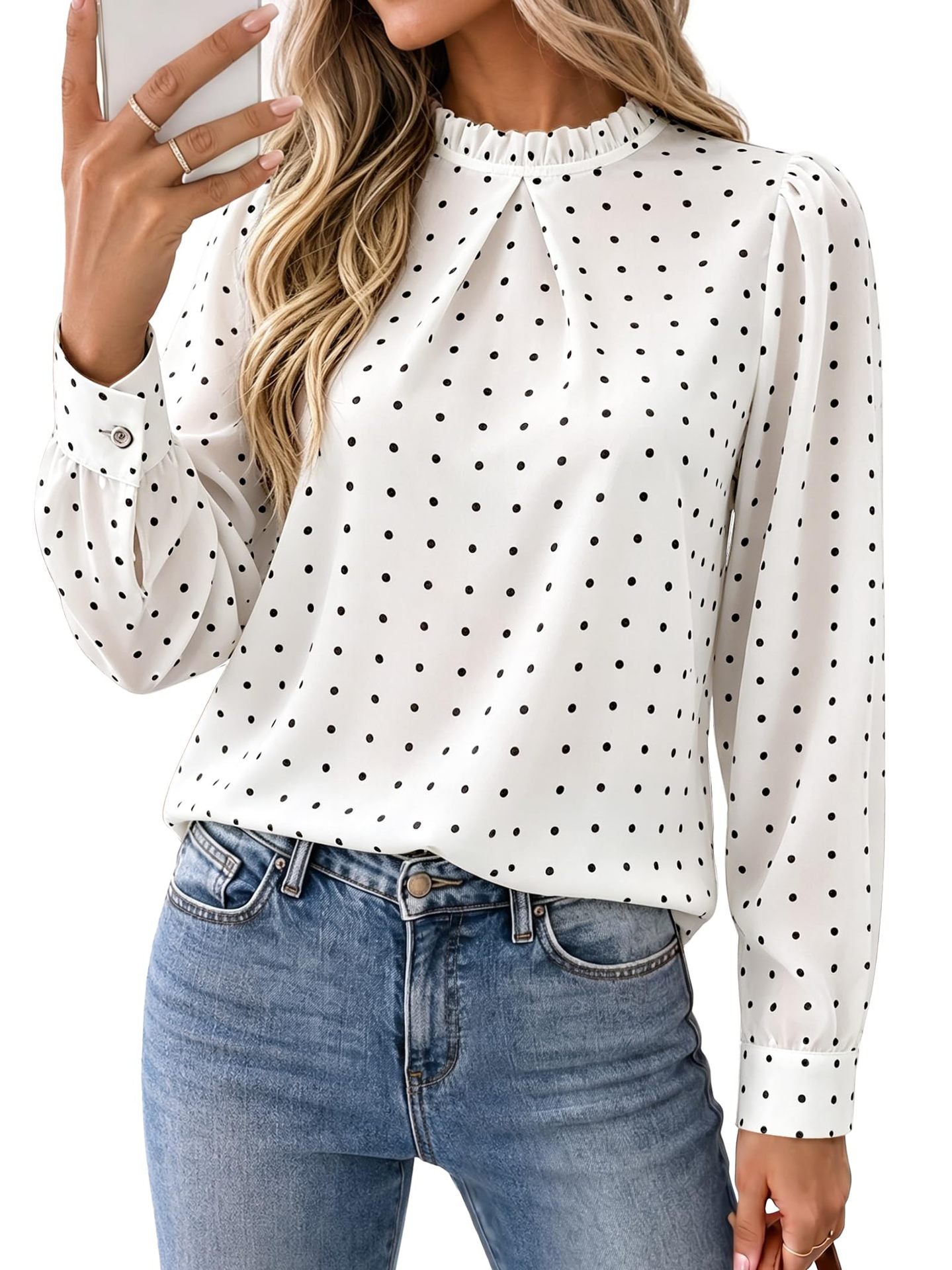 Women's Polka Dot Chiffon Blouse with Ruffle Collar and Cuffs Chichicherry