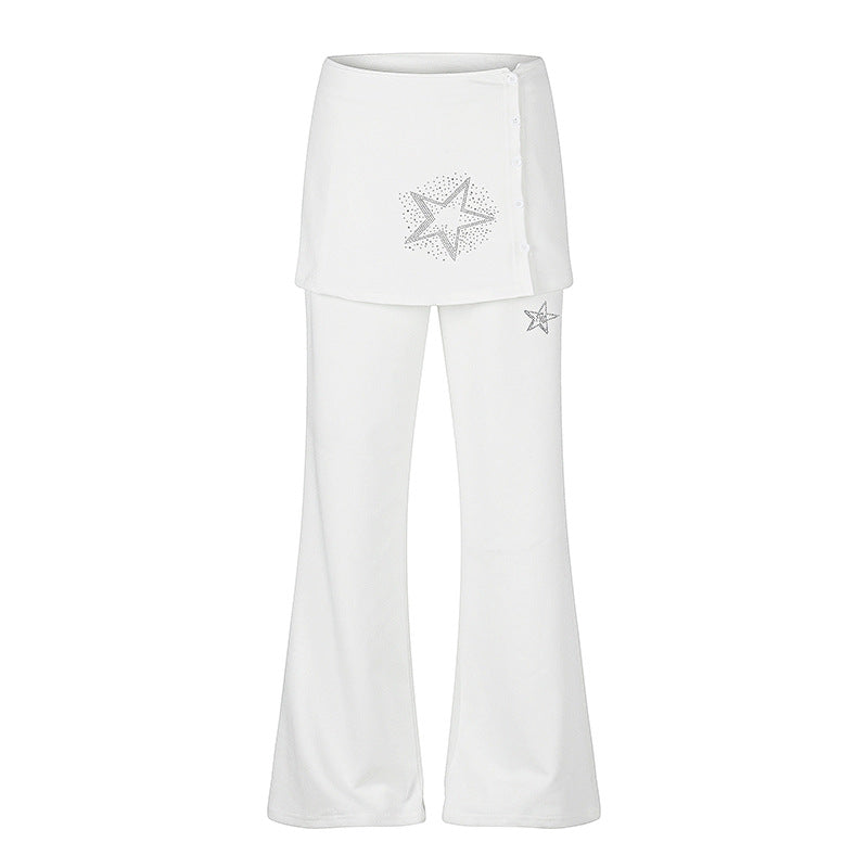 Women's loungewear pants with integrated mini skirt, wide leg, and star rhinestone application Chichicherry