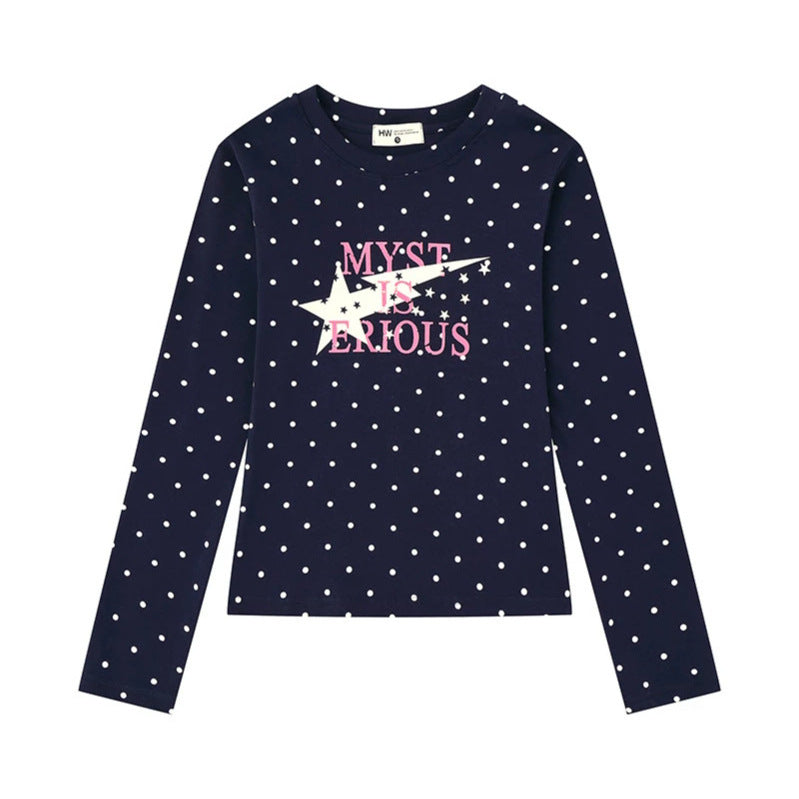 Women's long sleeve shirt with V-neck, polka dots and statement print made of cotton jersey Chichicherry