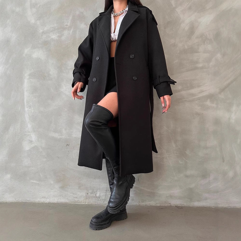 Damen Oversize Wollmix-Mantel mit doppelreihiger Knopfleiste und Taillengürtel Chichicherry
