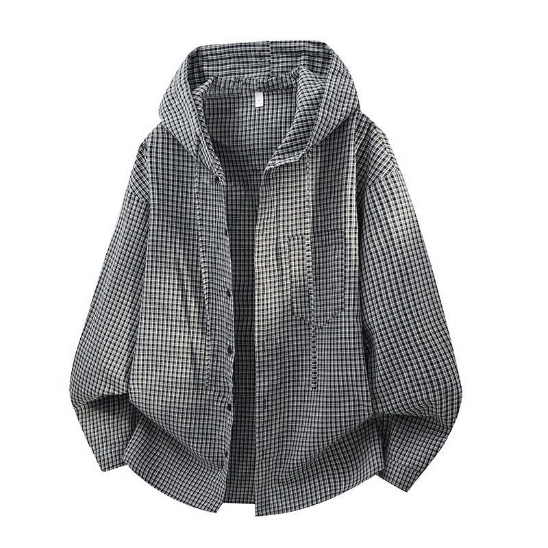 Men's Checked Overshirt Hoodie made of Cotton Blend with Hood & Relaxed Fit Chichicherry