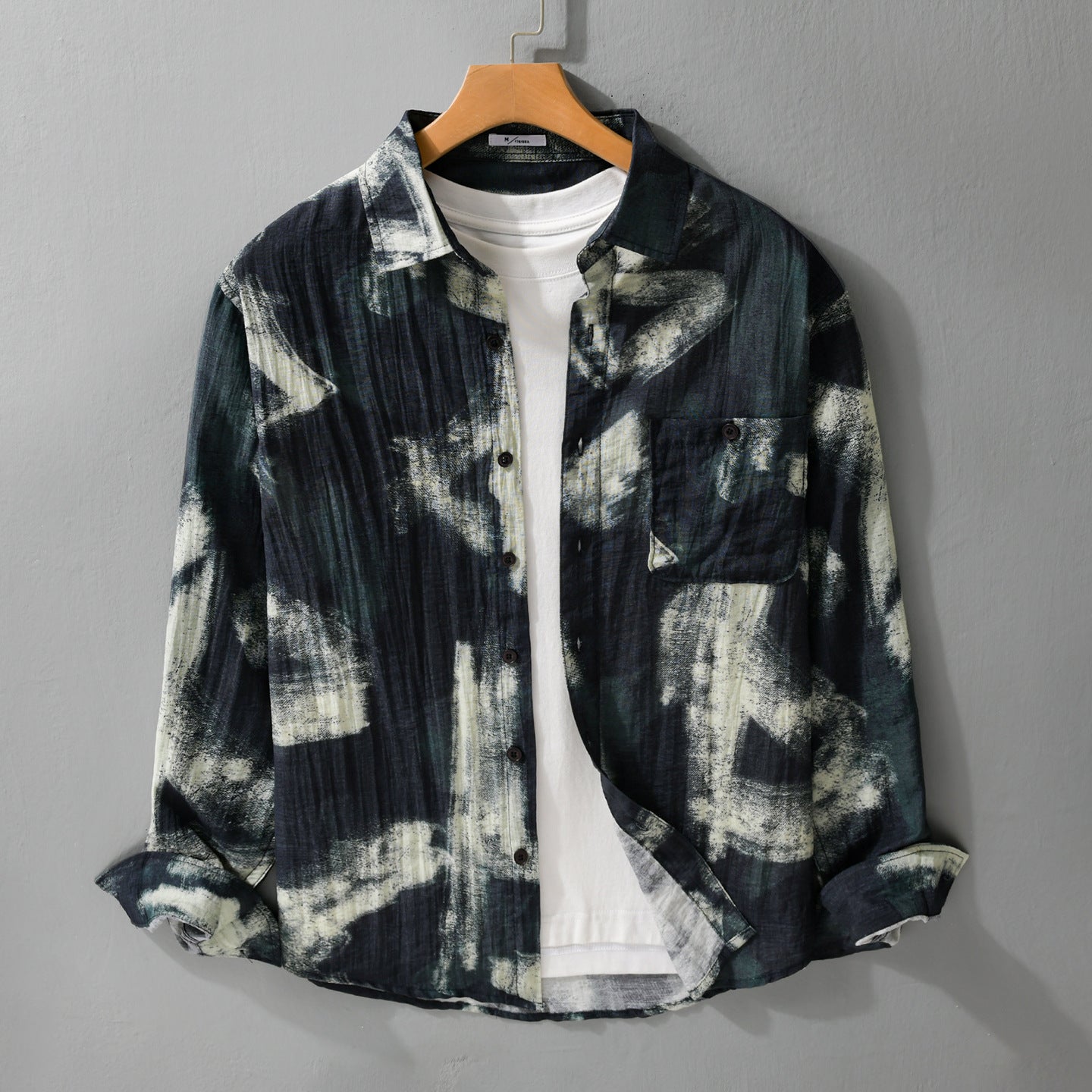 Men's Long Sleeve Shirt Jacket with Abstract Brush Print and Fine Crinkle Structure Chichicherry