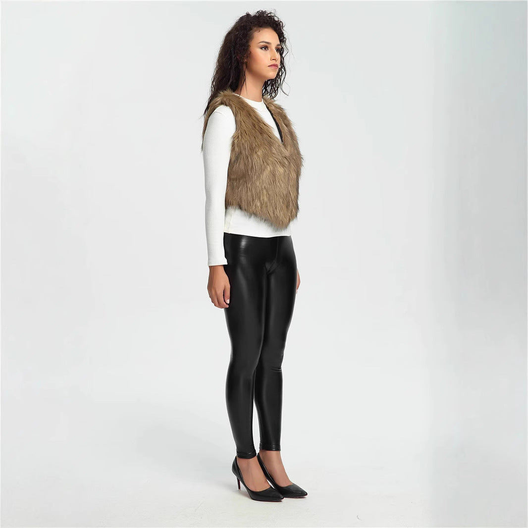 Women's Cropped Faux Fur Vest with Natural Shaggy Texture and V-Neck Chichicherry