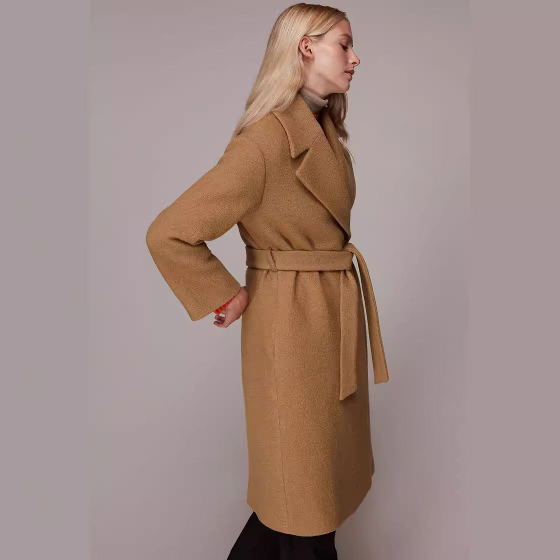 Women's Midi-Length Wool Blend Long Coat with Minimal Shawl Collar and Relaxed Silhouette Chichicherry