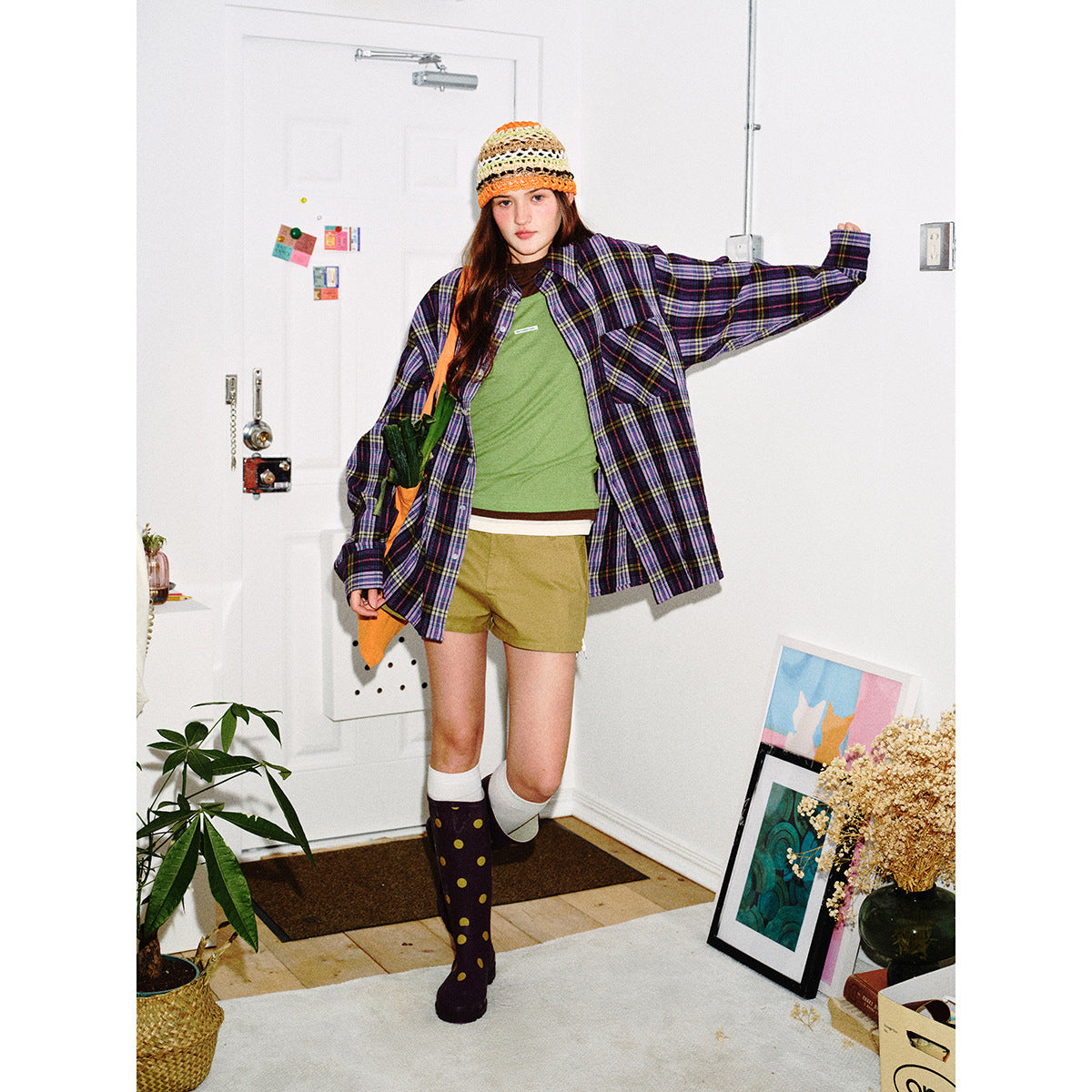 Unisex Loose Oversize Check Shirt in Vintage Look with Slanted Chest Pocket and Straight Hem Chichicherry