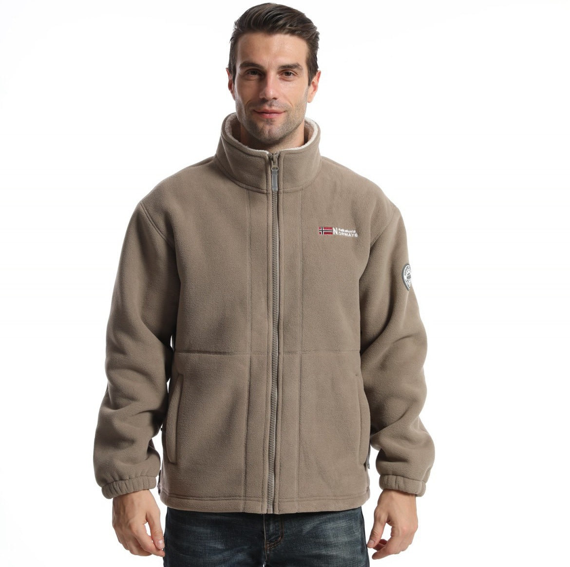 Men's fleece jacket with stand-up collar, full-length zipper, and insert pockets Chichicherry