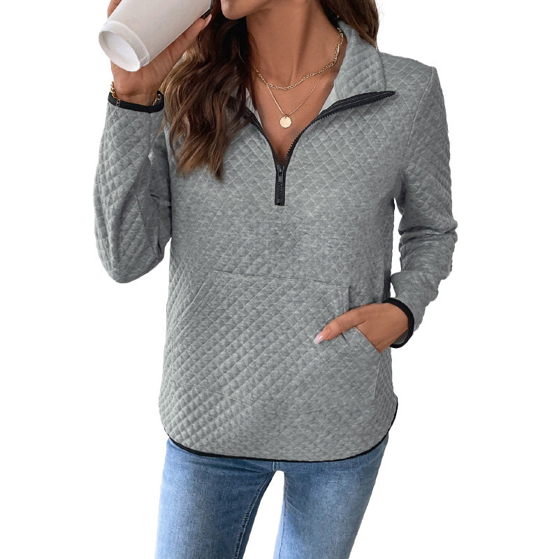 Women's quilted sweatshirt with half zipper, stand-up collar, and kangaroo pocket Chichicherry