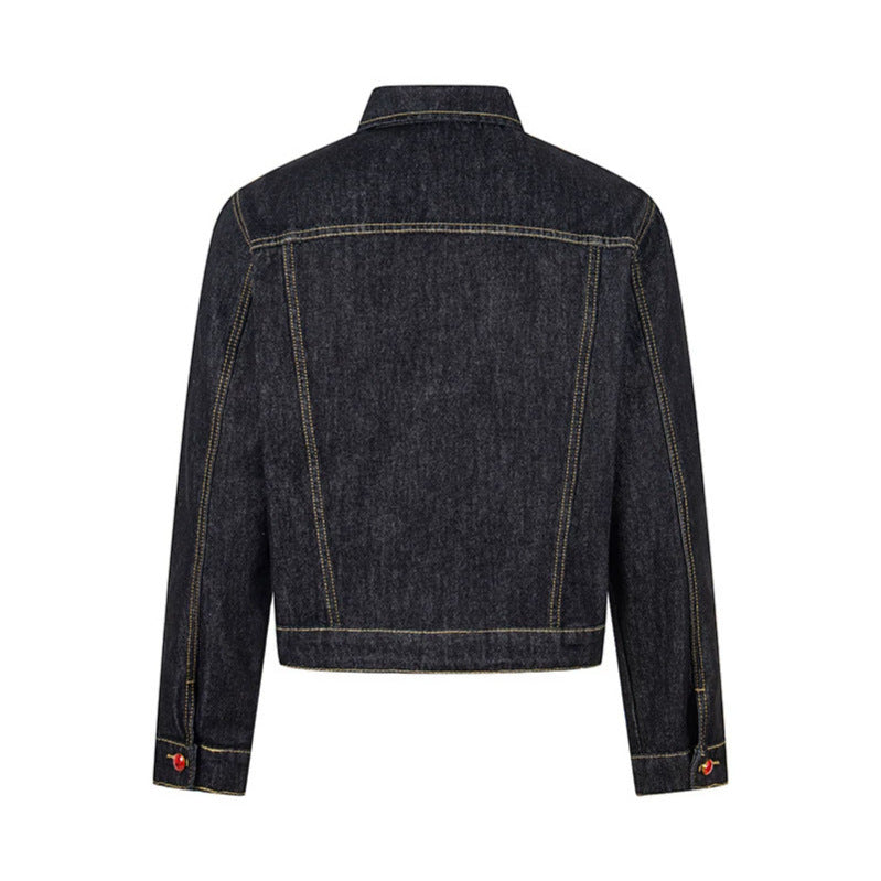 Women short-cut denim jacket in trucker style with decorative buttons Chichicherry