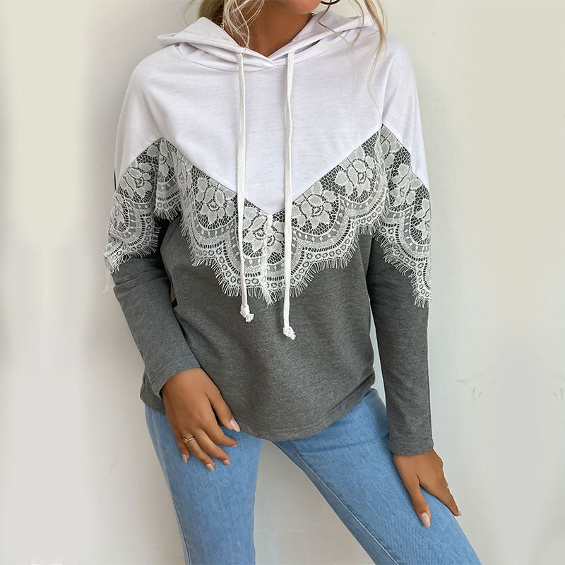 Ladies hoodie with lace trim and V-insert Chichicherry