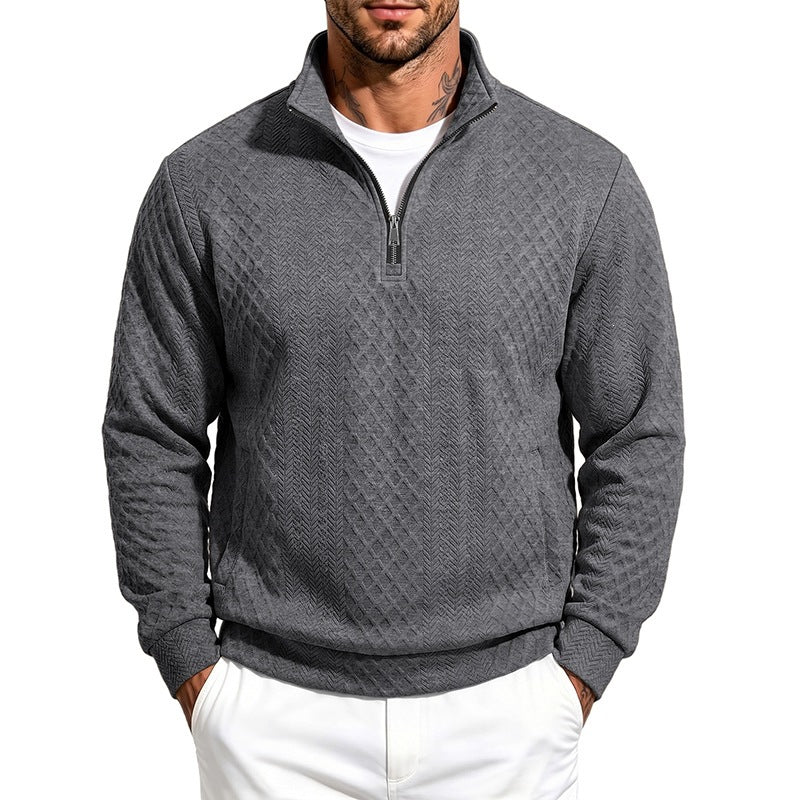 Men's Textured Half-Zip Sweater with Stand-Up Collar and Texture Pattern Chichicherry