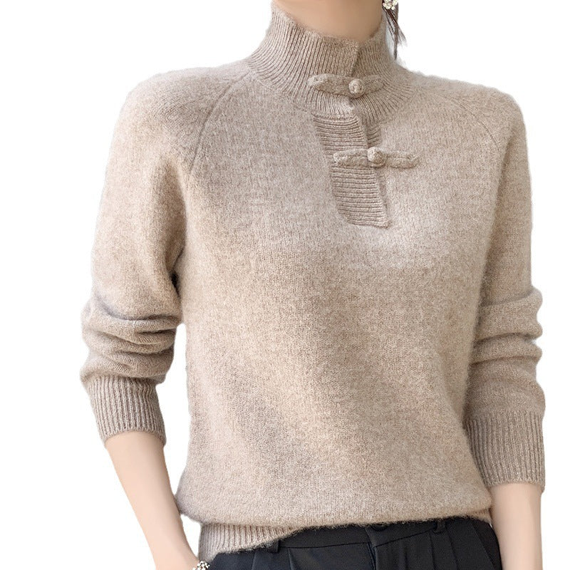 Women Cashmere-Look Mockneck Sweater with decorative Chichicherry button placket Chichicherry