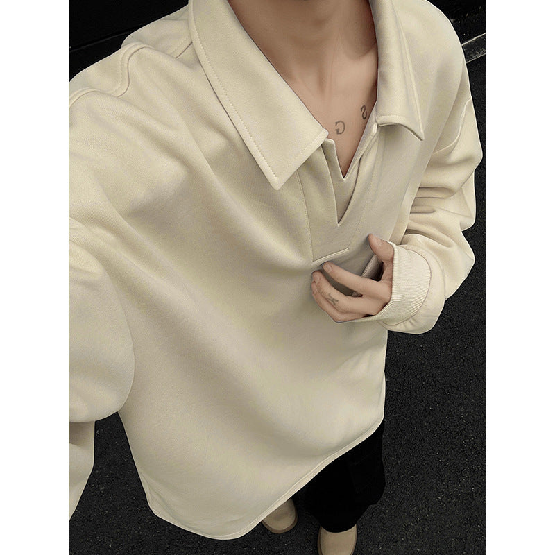 Men's Oversized Polo Sweatshirt with Deep V-Neck, Shirt Collar and Ribbed Cuffs Chichicherry