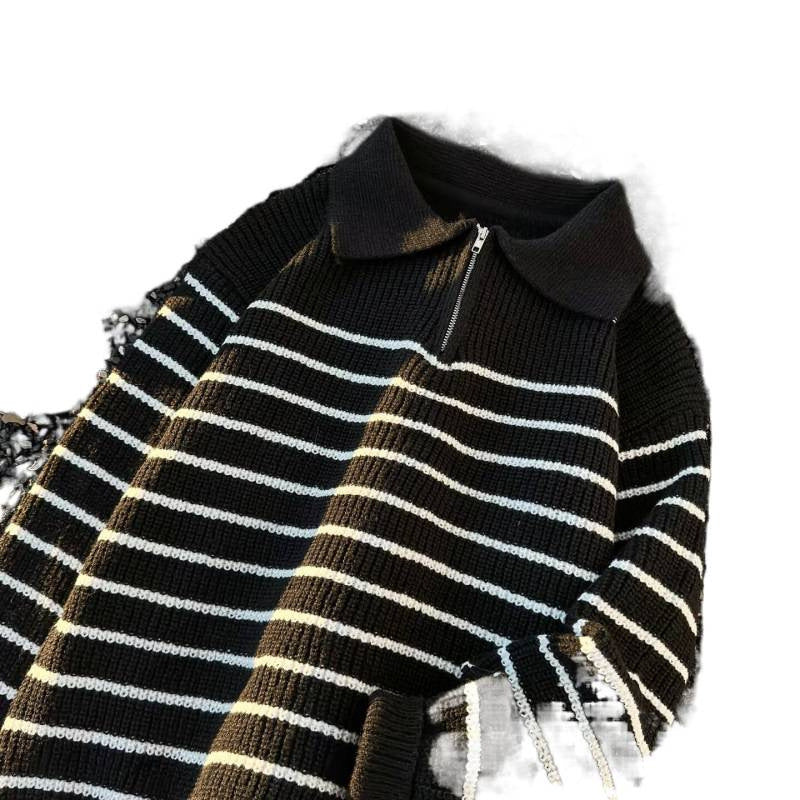 Unisex Grobgestrickter Oversize-Pullover mit halbem Reißverschluss und Polokragen Chichicherry