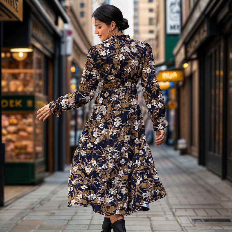 Women's Flowing Floral Midi Dress with V-Neck, Smocked Waistband, and Tiered Skirt Chichicherry