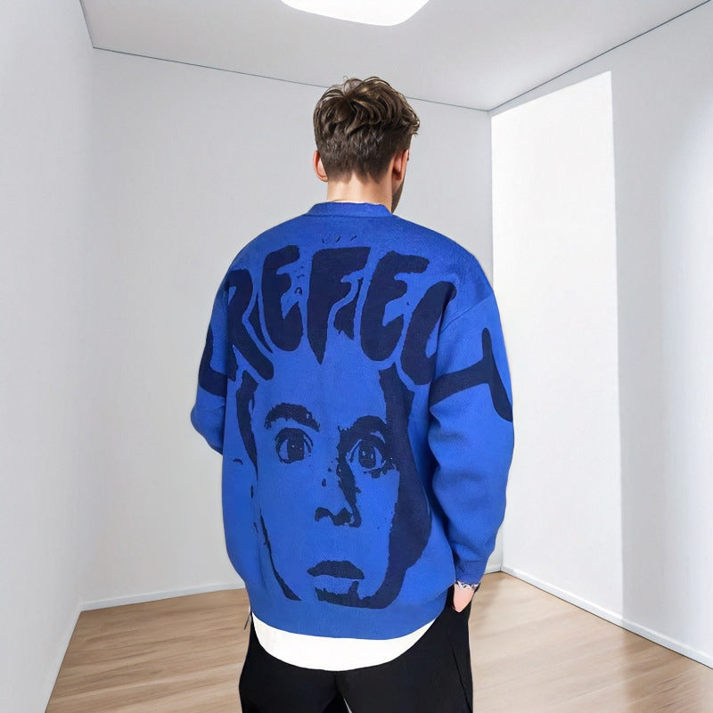 Herren Oversized Grafik‑Intarsienpullover mit tiefem Rückmotiv und Rundhalsausschnitt Chichicherry