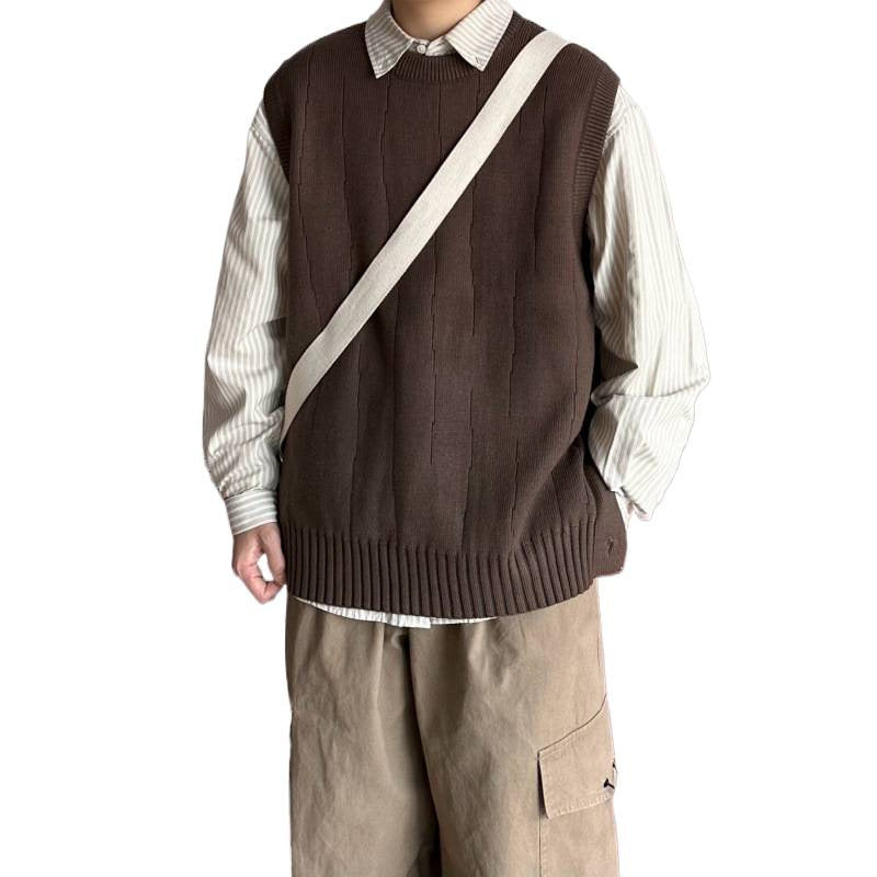 Herren Oversized Ärmellose Strickweste mit geripptem Saum und Rundhalsausschnitt Chichicherry