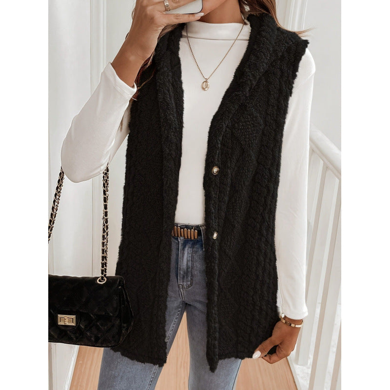Women's Hooded Teddy Vest with Structured Cable Knit Pattern and Decorative Button Placket Chichicherry