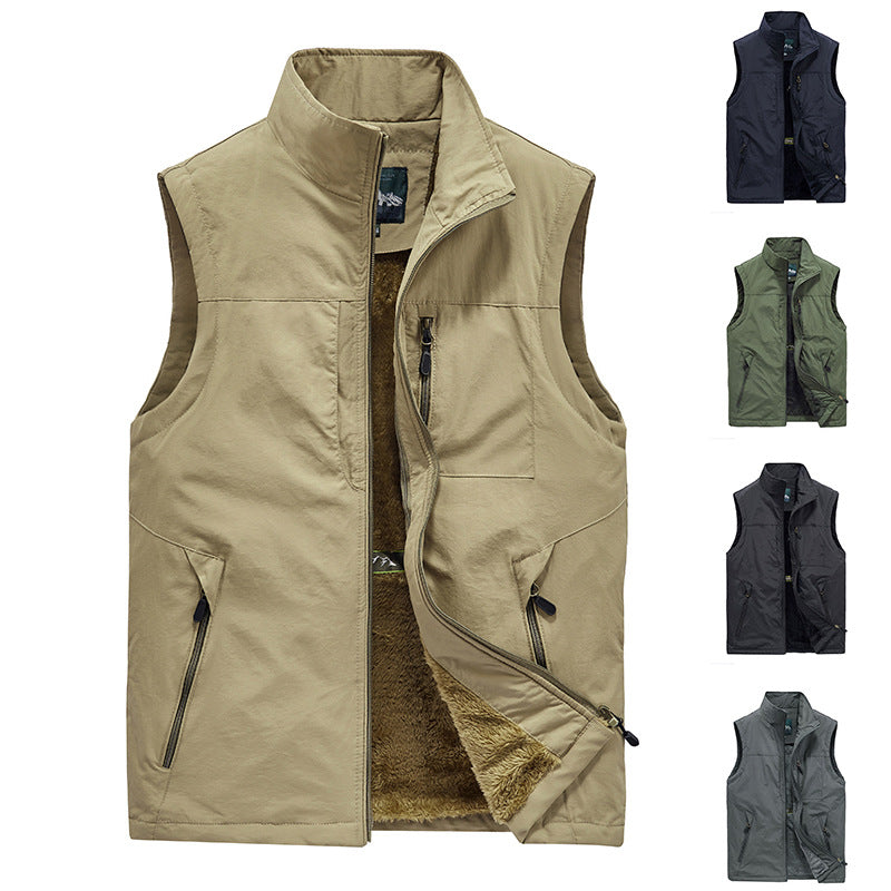 Men's Quilted Fleece-Lined Outdoor Vest with Stand-Up Collar and Zipper Pockets Chichicherry
