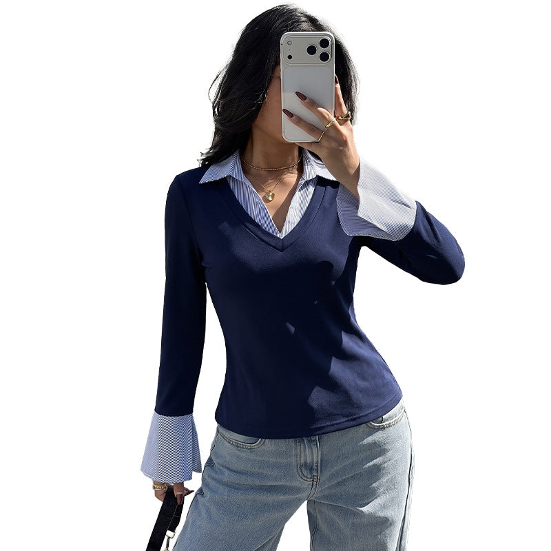 Women Fitted Layering Long Sleeve Shirt with Shirt Collar and Flared Cuffs Chichicherry