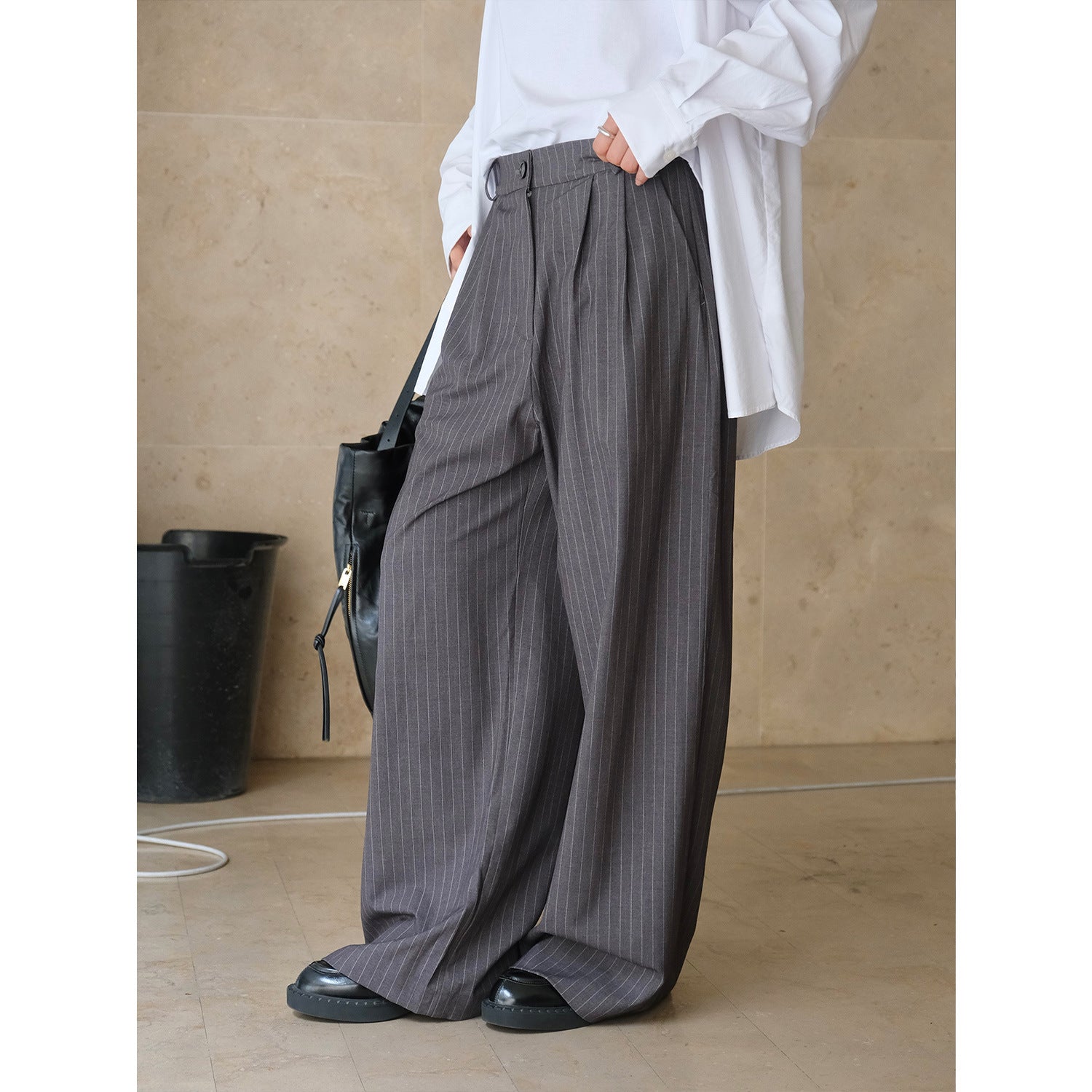 Women's Wide Pinstripe Palazzo Pants with Drawstring Waist and Relaxed Baggy Fit Chichicherry