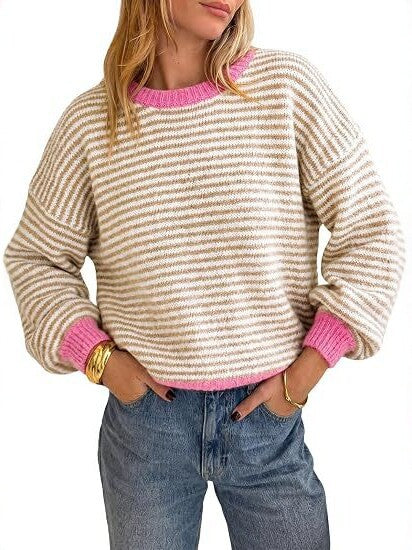 Women's Striped Rib Knit Sweater with Contrast Cuffs Chichicherry
