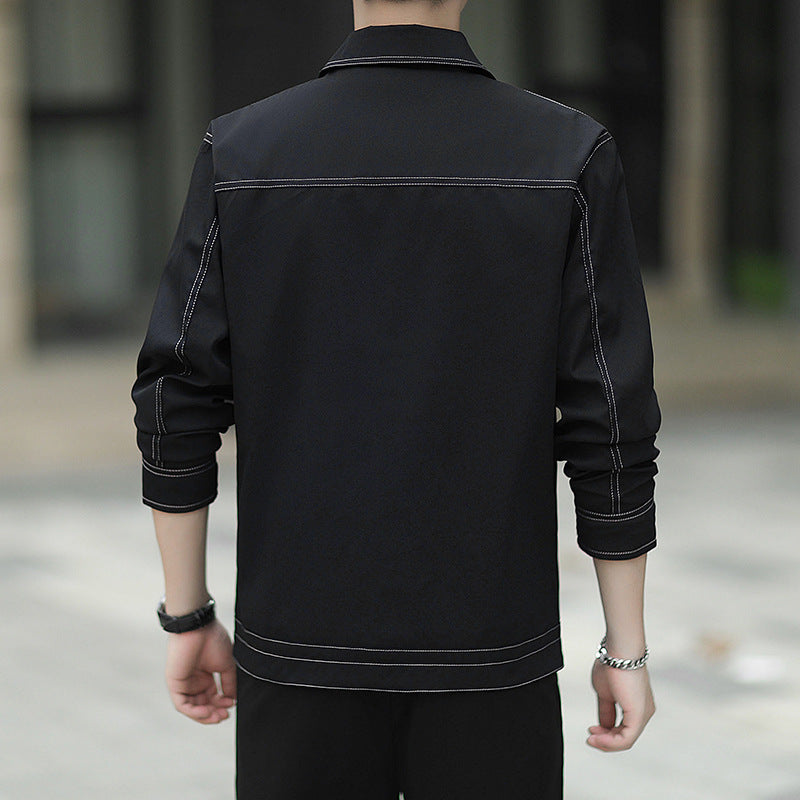 Men's lightweight canvas trucker jacket with visible contrast stitching and chest flap pockets Chichicherry