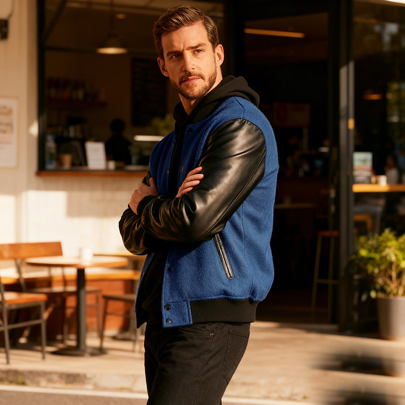Men's varsity bomber jacket in college style with wool body and leather sleeves Chichicherry