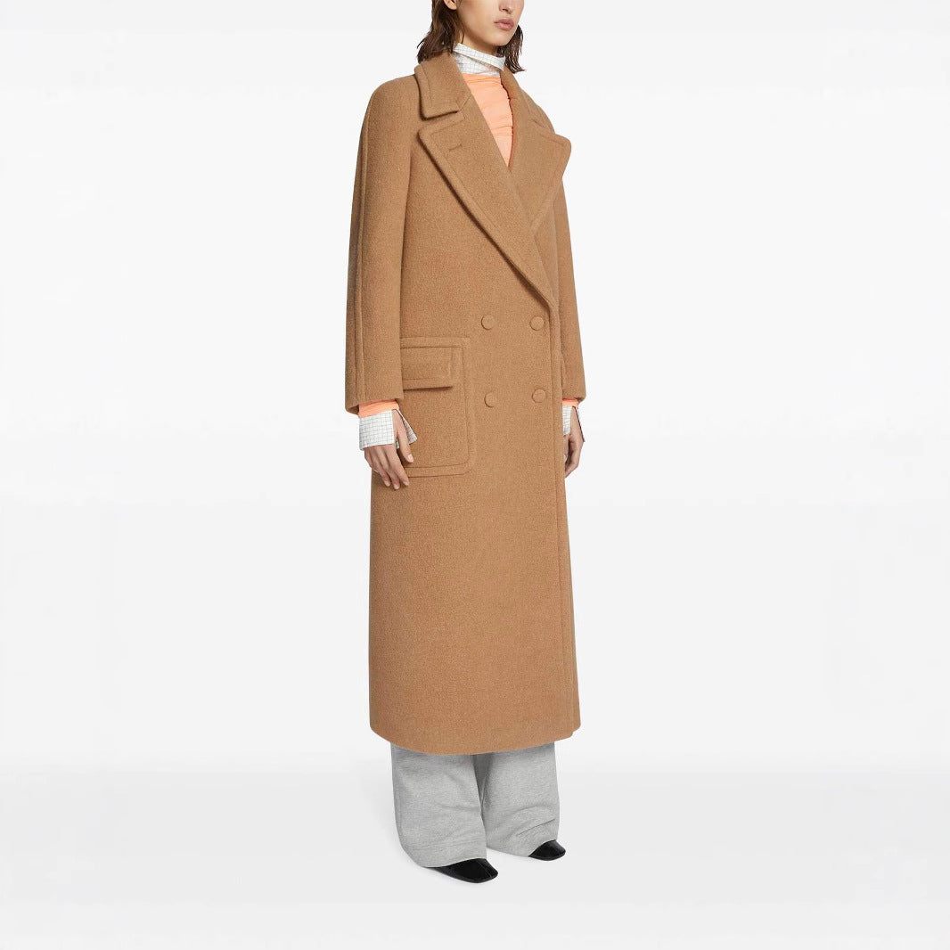 Women's Maxi Double-Breasted Wool Coat with Oversized Lapels and Flap Pockets Chichicherry