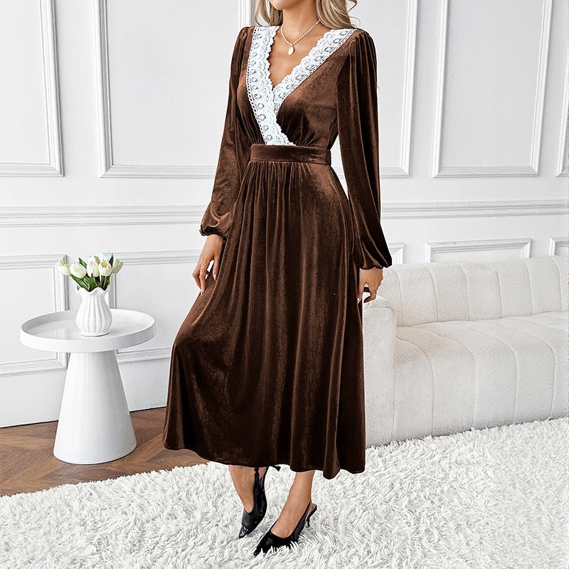 Ladies Elegant Velvet Dress with V-Neck, Lace Trim and Tailored Midi Length Chichicherry