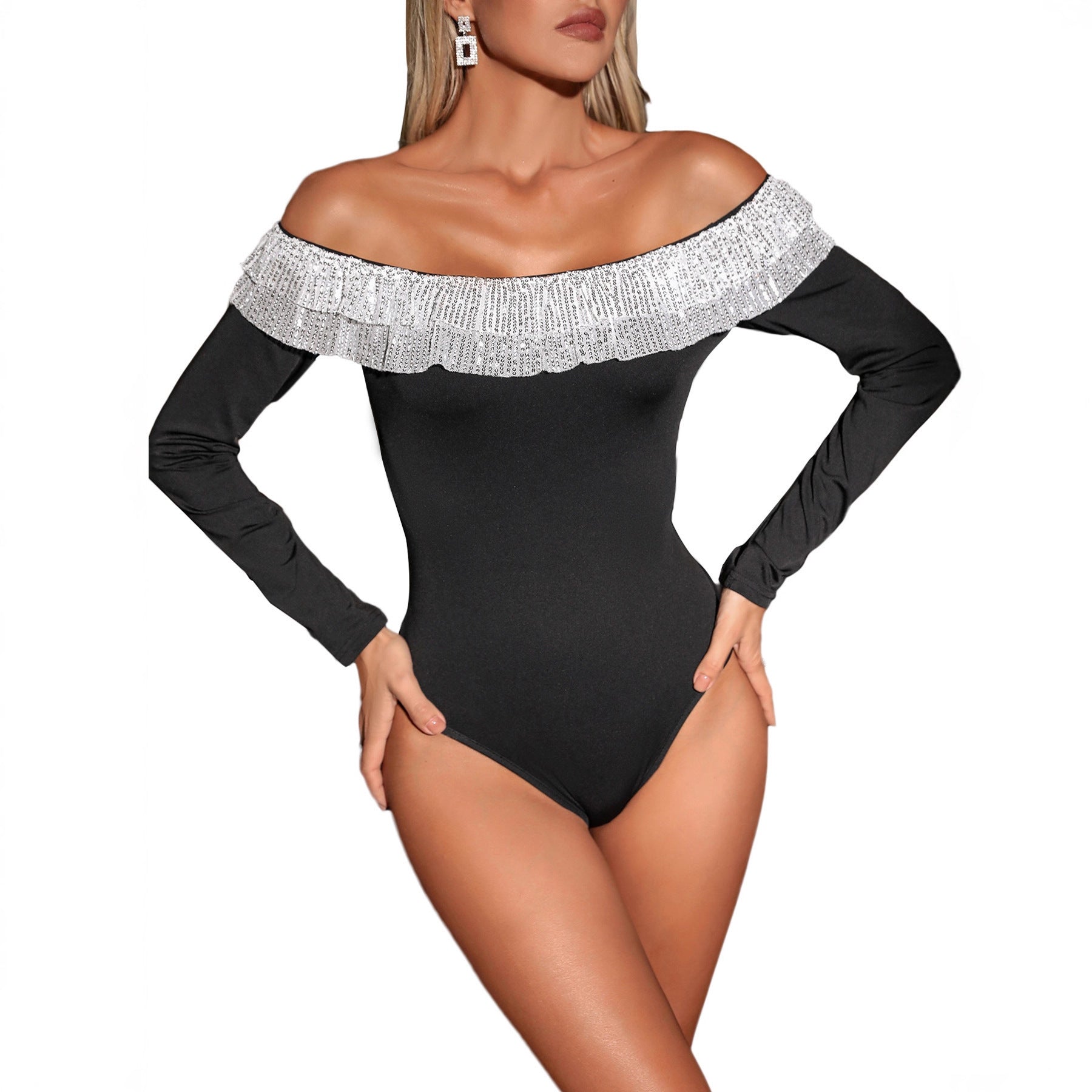 Women's Off-Shoulder Bodysuit with Sequin Ruffle and Long Sleeve Chichicherry