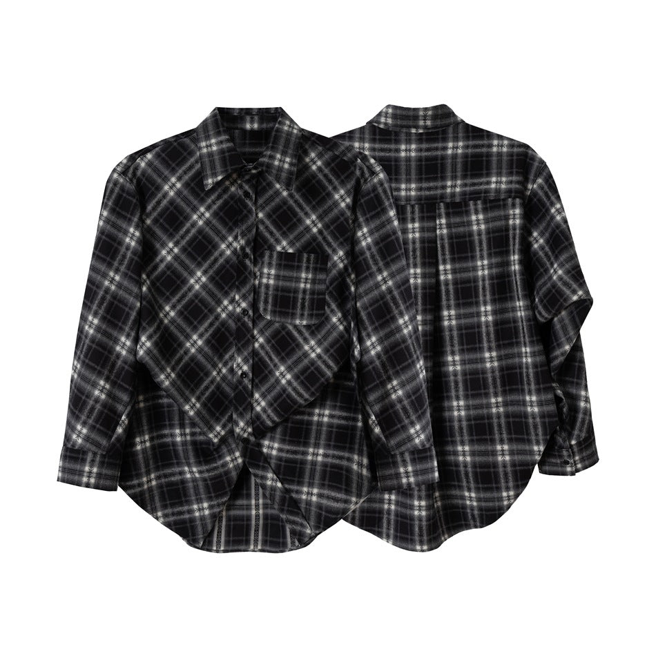 Unisex Checked Oversize Flannel Shirt Jacket in Layering Look with Rounded Hem and Chest Pocket Chichicherry