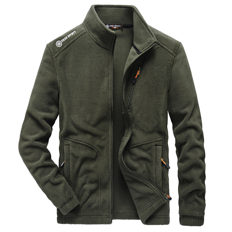 Men's micro fleece outdoor jacket with stand-up collar, full-length zipper, and zip pockets Chichicherry