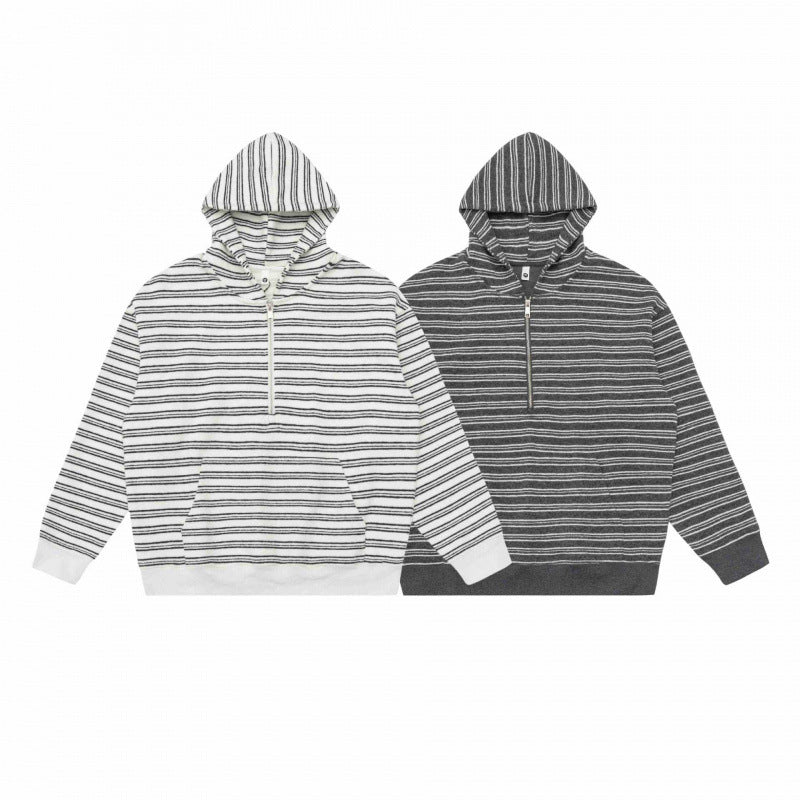 Unisex Oversize Hoodie with Half Zipper, Striped Pattern and Kangaroo Pocket Chichicherry