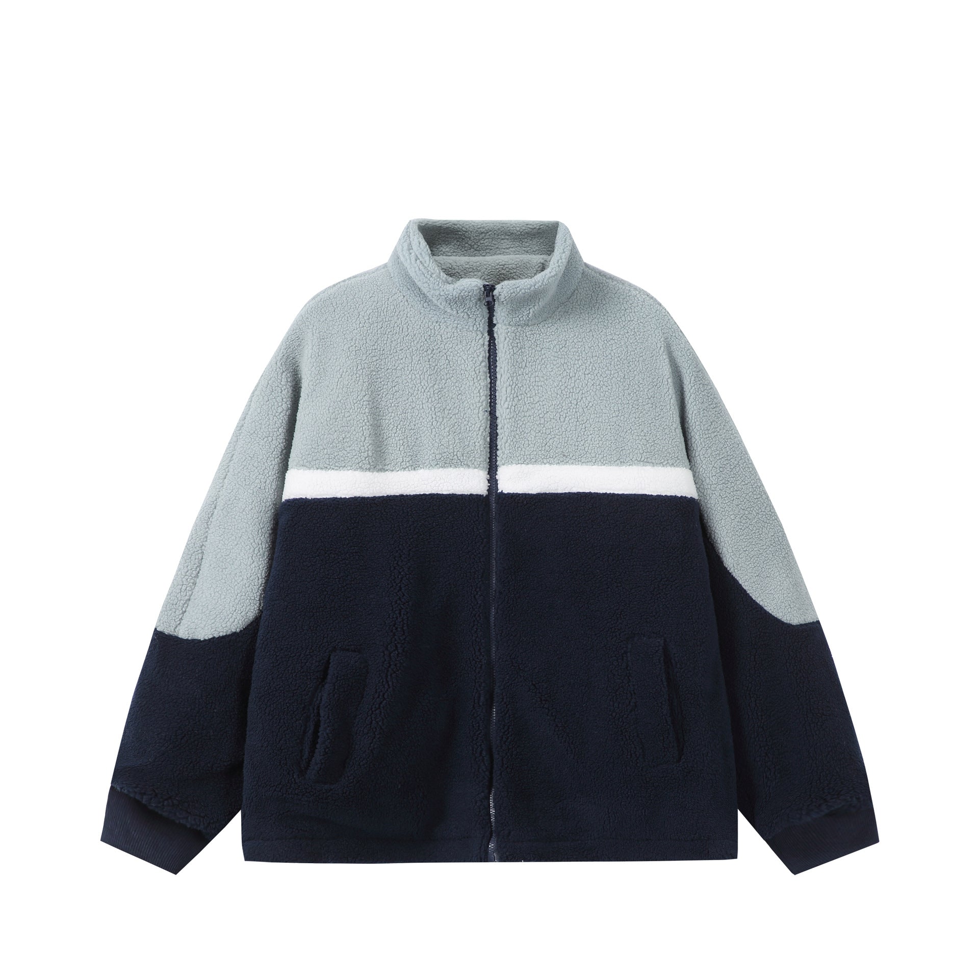 Unisex Oversized Sherpa-Fleece Jacket with Stand Collar and Front Zip Chichicherry