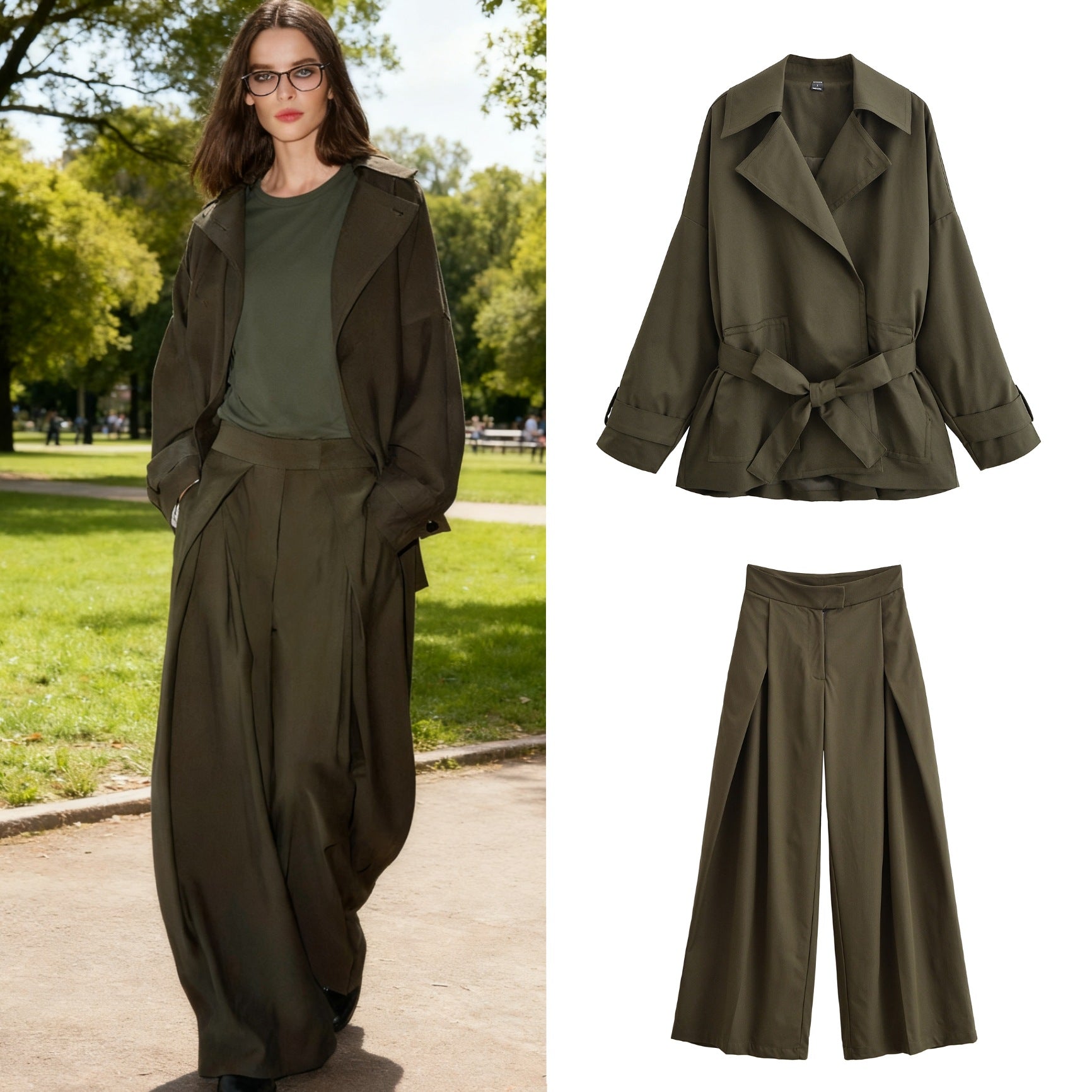 Women Tailored Short Trench with Tie Belt and Oversized Sleeves Chichicherry
