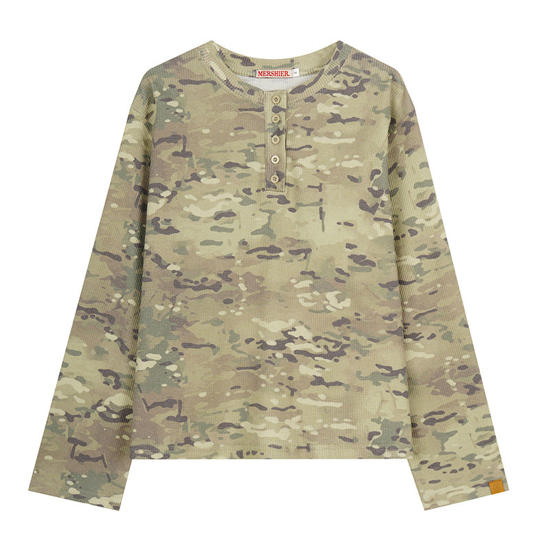 Women's Long Sleeve Henley Shirt in Waffle Knit with Military Camouflage Print and Button Placket Chichicherry