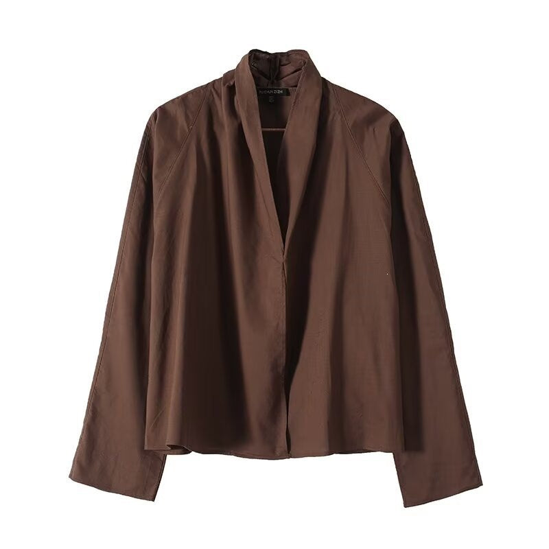 Women's Lightweight Viscose Blouse with Open Shawl Collar and Boxy Silhouette Chichicherry