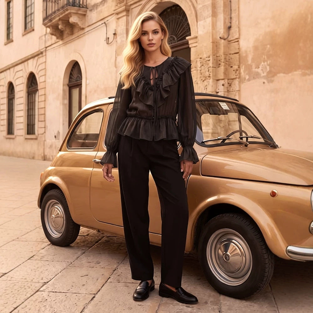 Women Ruffled transparent chiffon blouse with flounce peplum, long balloon sleeves and drawstring closure Chichicherry