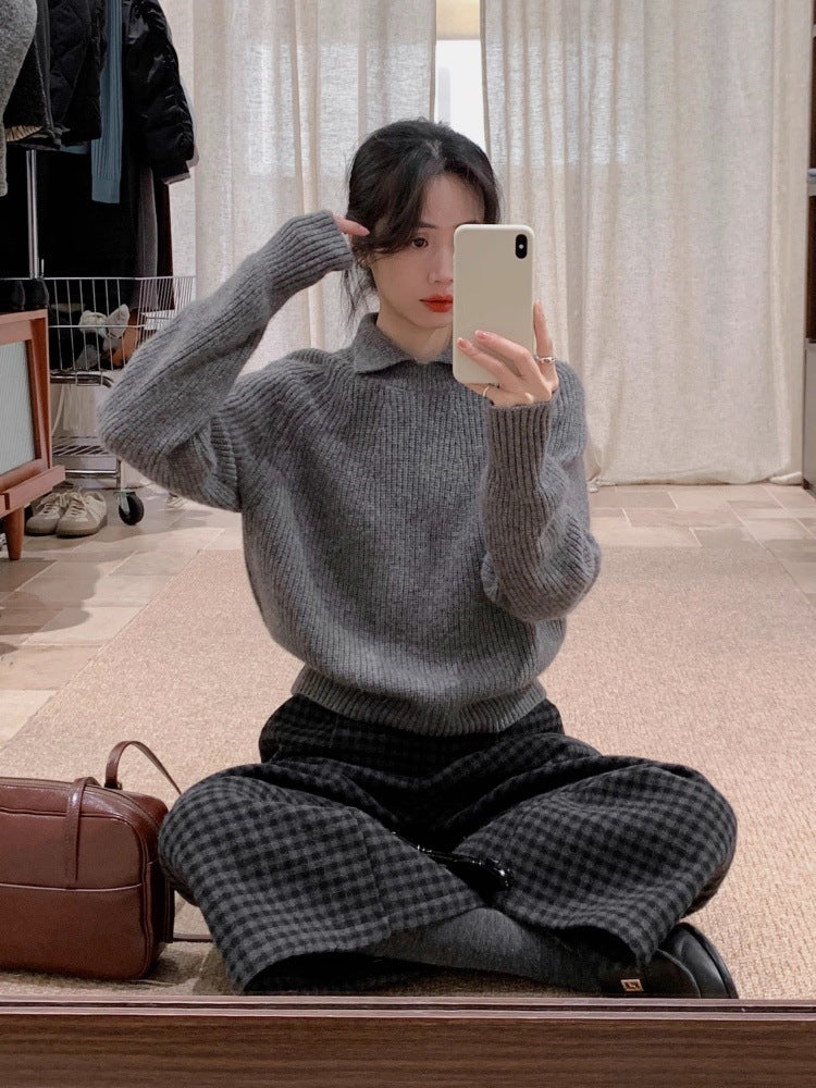 Women's Oversize Polo Collar Fine Knit Sweater with Ribbed Hem and Cashmere-like Feel Chichicherry