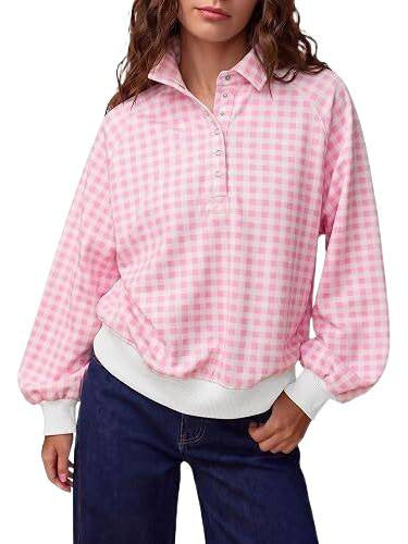 Women's Checked Oversized Polo Sweatshirt with Balloon Sleeves Chichicherry