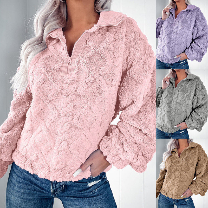 Ladies plush sweater in teddy look with half zipper and structured diamond pattern Chichicherry