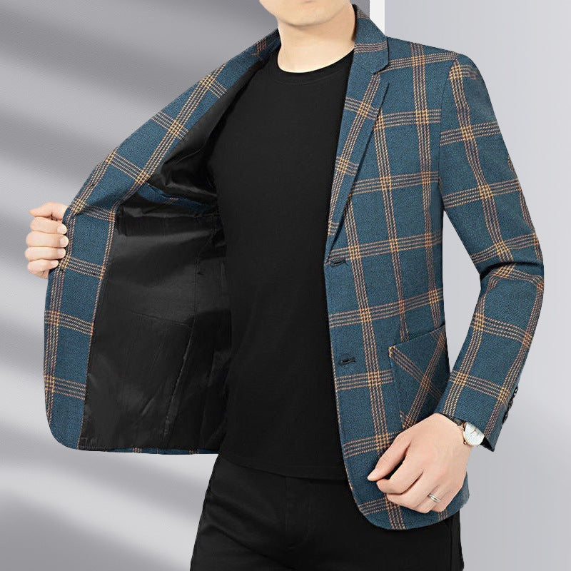 Men's modern checked tailored blazer made from wool blend with contrasting seam details and patch front pockets Chichicherry
