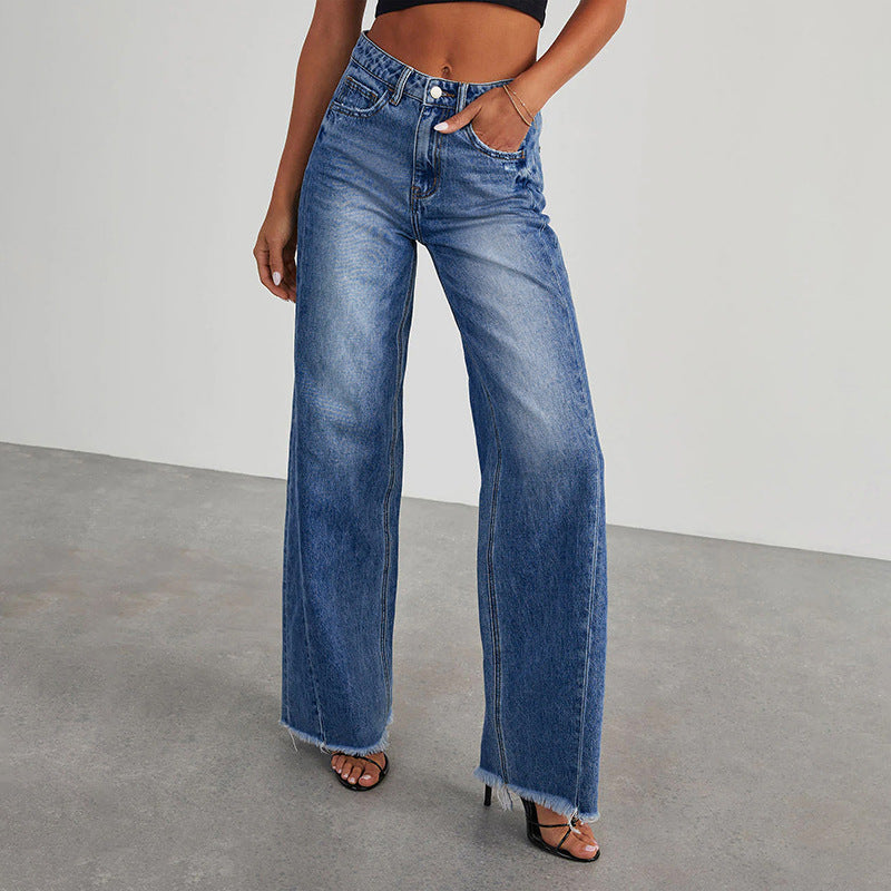 Women High-Waist Flared Jeans with Wide Leg and Frayed Hem Chichicherry