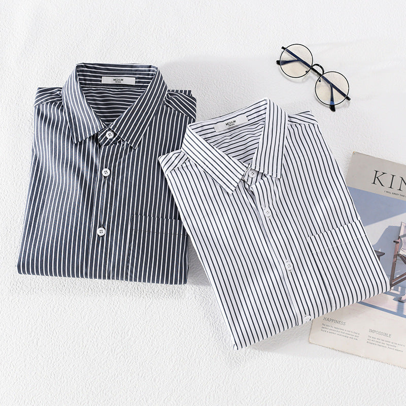 Men's Lightweight Long Sleeve Shirt Made of Cotton Blend with Fine Vertical Stripes and Chest Pocket Chichicherry