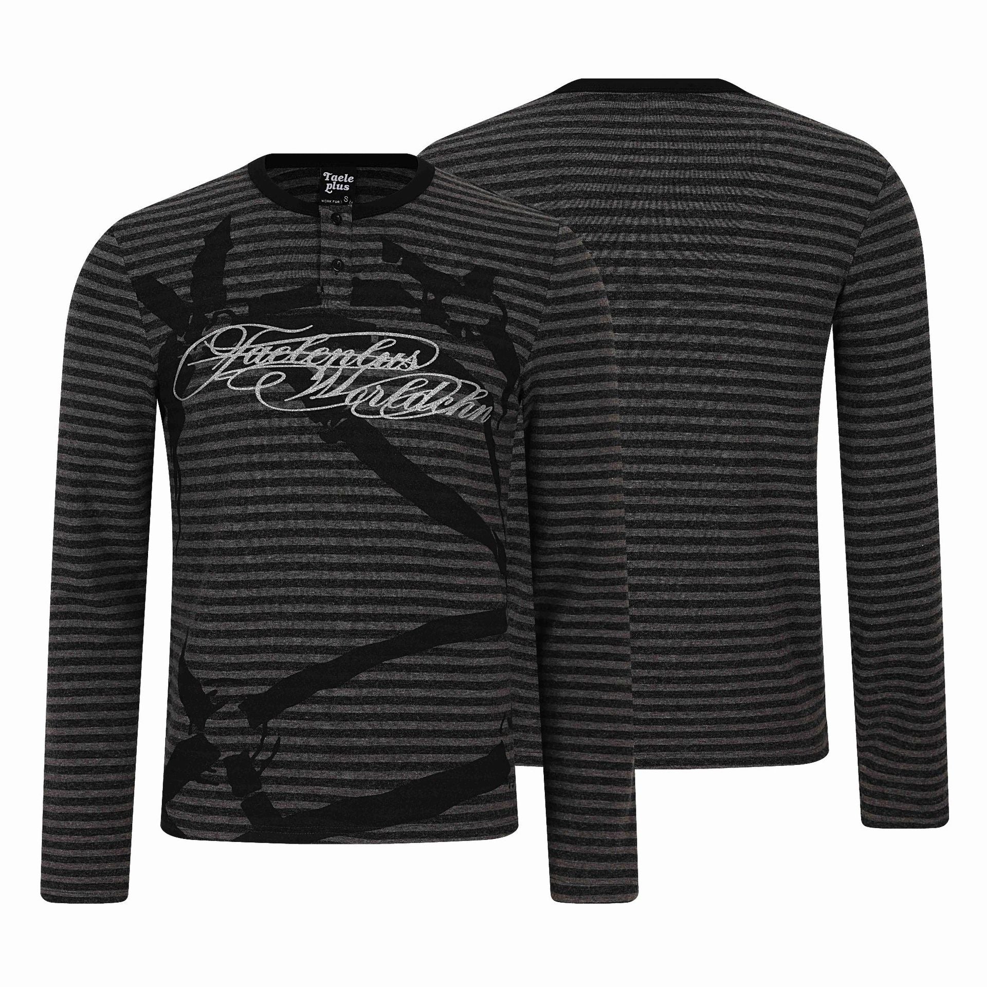 Men's Striped Long Sleeve Henley with Button Placket and Typo Print Chichicherry